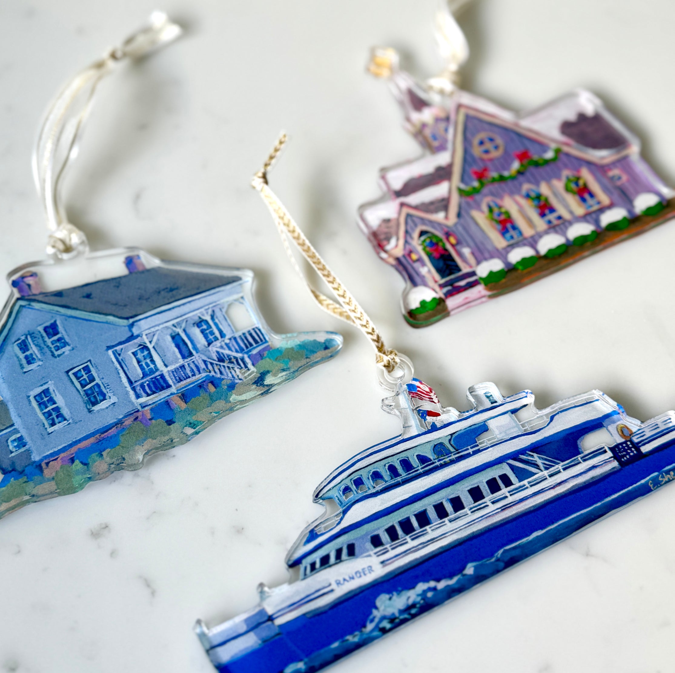 Bald Head Island Ornaments by Elizabeth Sheats set of 3
