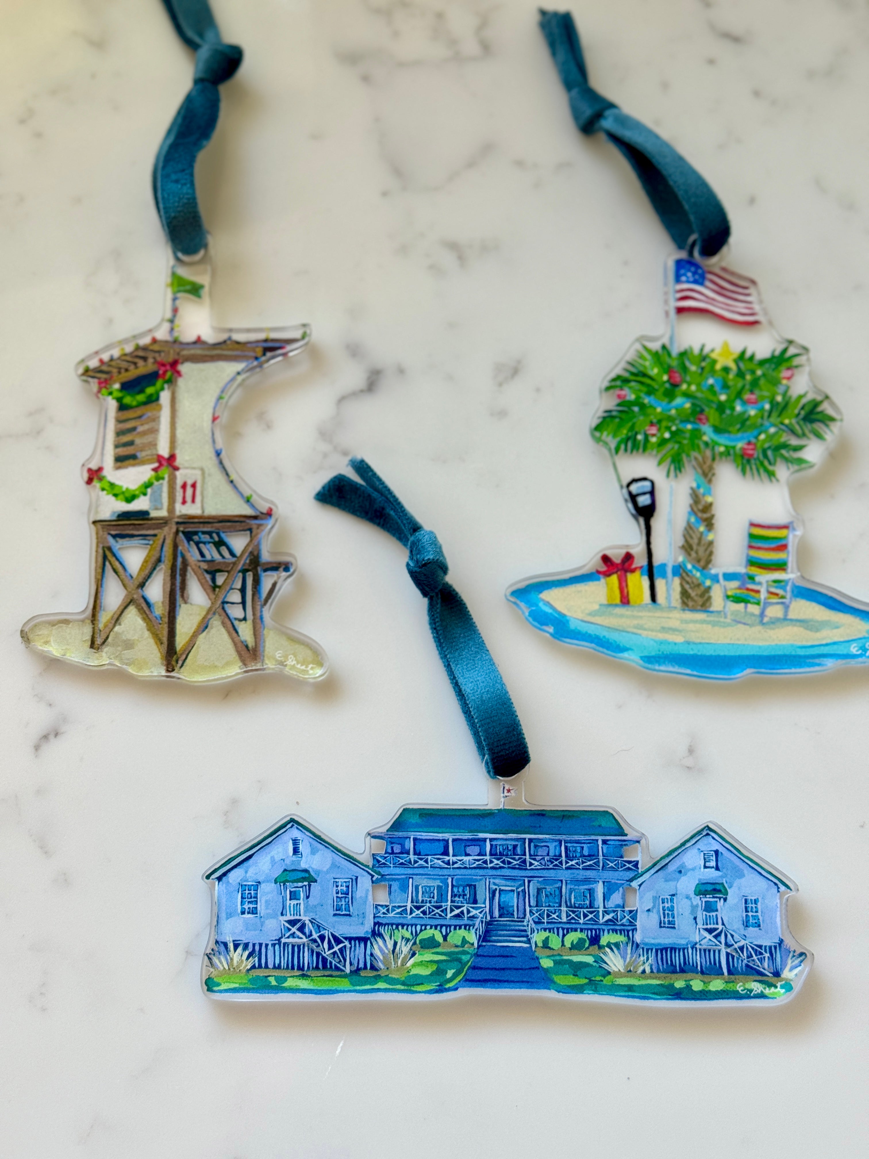 Wrightsville Beach Ornaments by Elizabeth Sheats set of 3