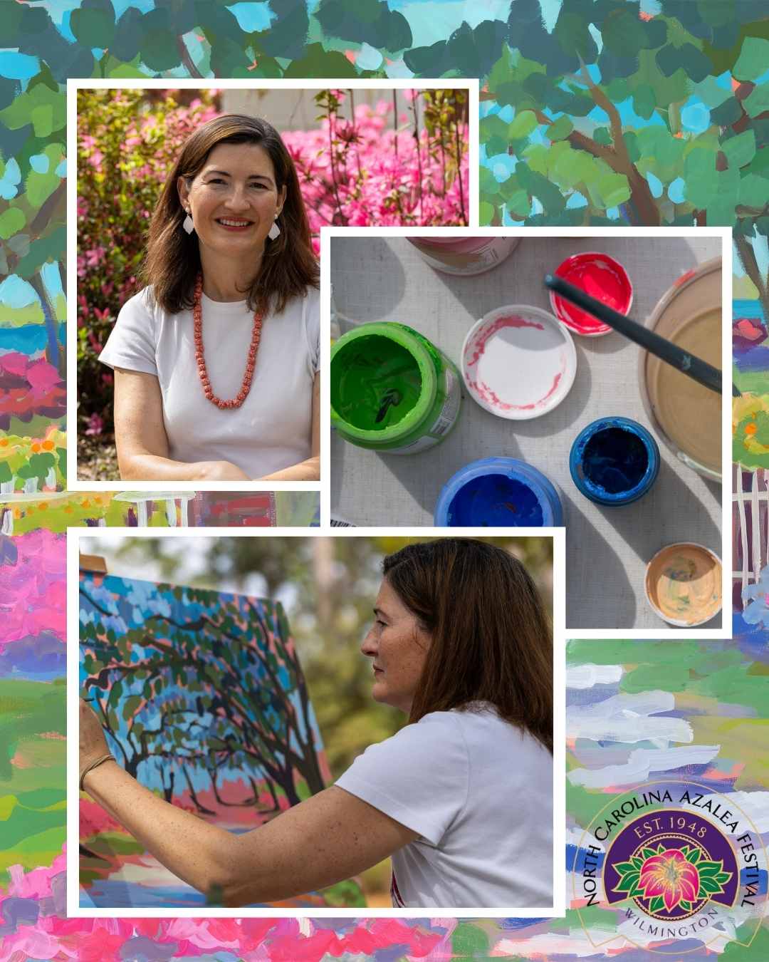Collage of a woman in a garden, painting, and a logo for Wilmington, North Carolina Azalea Festival.