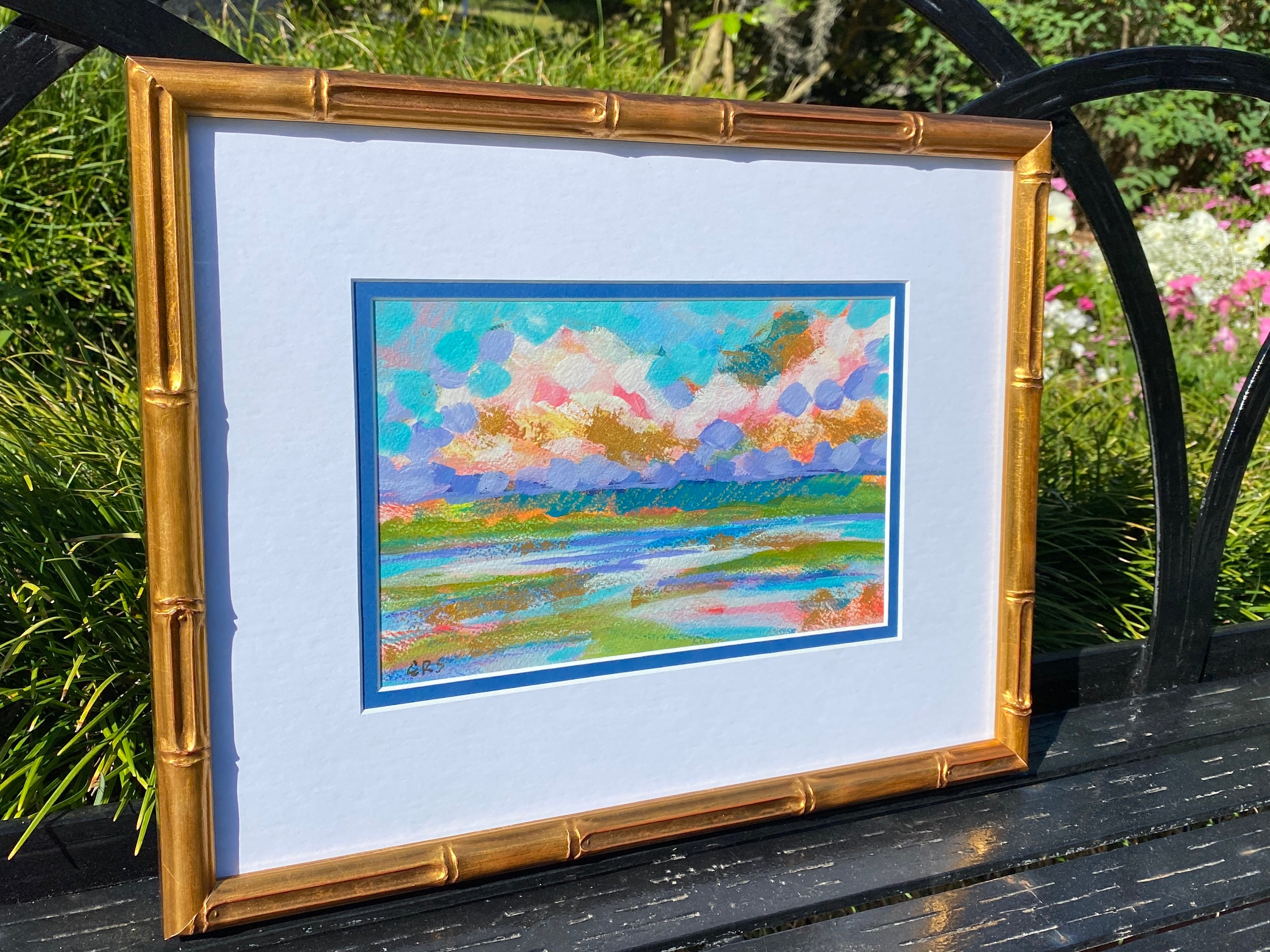 Storm Approaching Original Framed Painting by Elizabeth Sheats, pictured outside