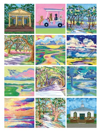 Inside of the 2026 Pawleys Island desk calendar by Elizabeth Sheats featuring 12 of her paintings.