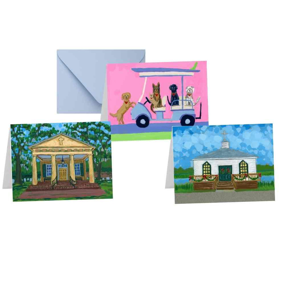 Set of greeting cards with illustrations of a house, a pink car with dogs, and a blue house.