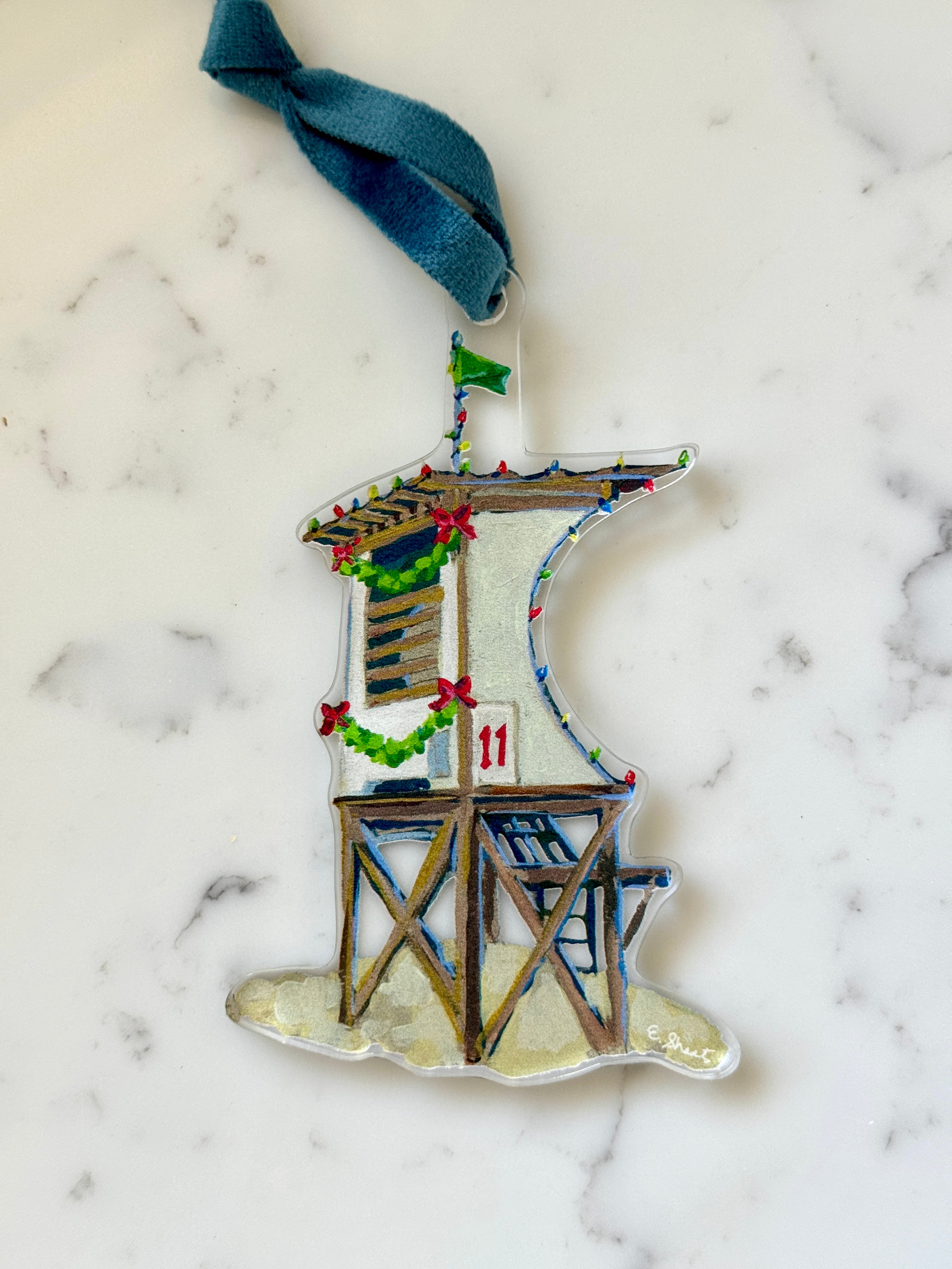 Gift Box / Wrightsville Beach Lovers by Elizabeth Sheats, lifeguard stand ornament.