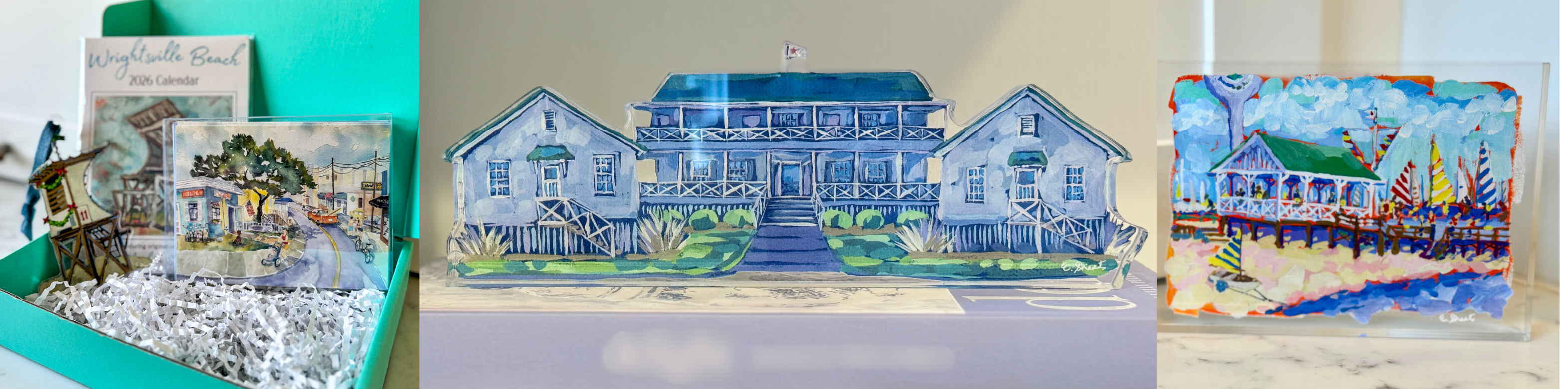 Local artist-made holiday ornaments with ribbons, featuring landmarks of coastal NC and SC