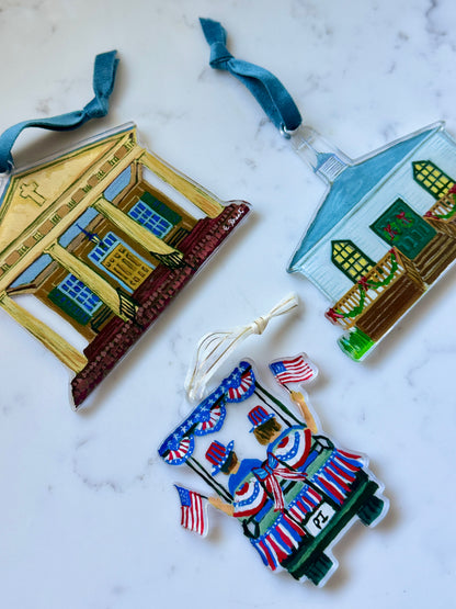 3 Pawleys Island Ornaments by Elizabeth Sheats on a marble stone surface