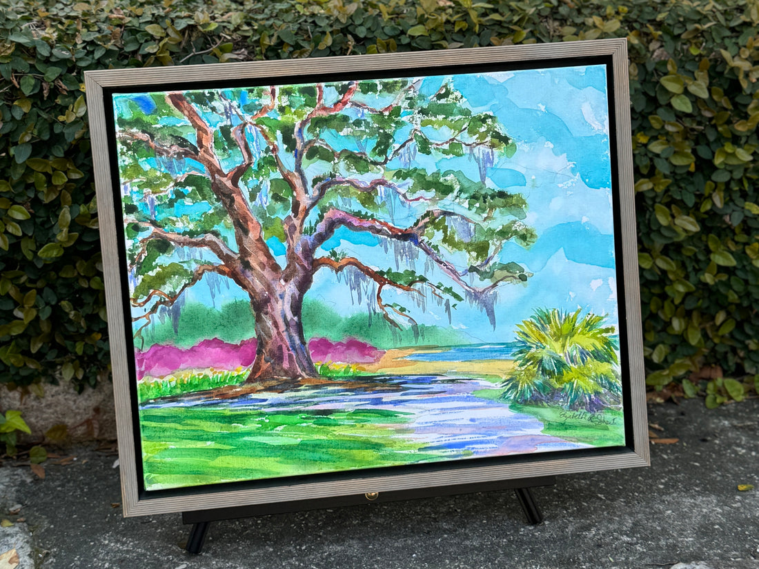 Airlie Oak with Azaleas Original Framed Painting by Elizabeth Sheats, shown in a floating canvas frame.