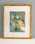 Colorful abstract painting in a gold frame on a gray wall by Elizabeth Sheats